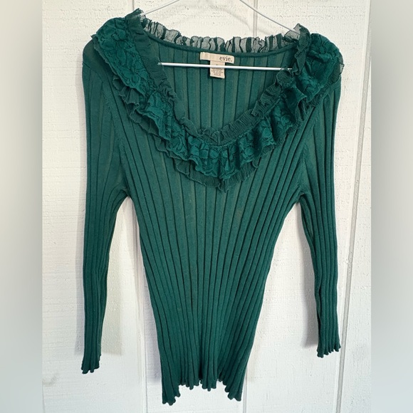 Vintage Teal Ruffled Long Sleeve Top 55% Silk - Picture 5 of 10